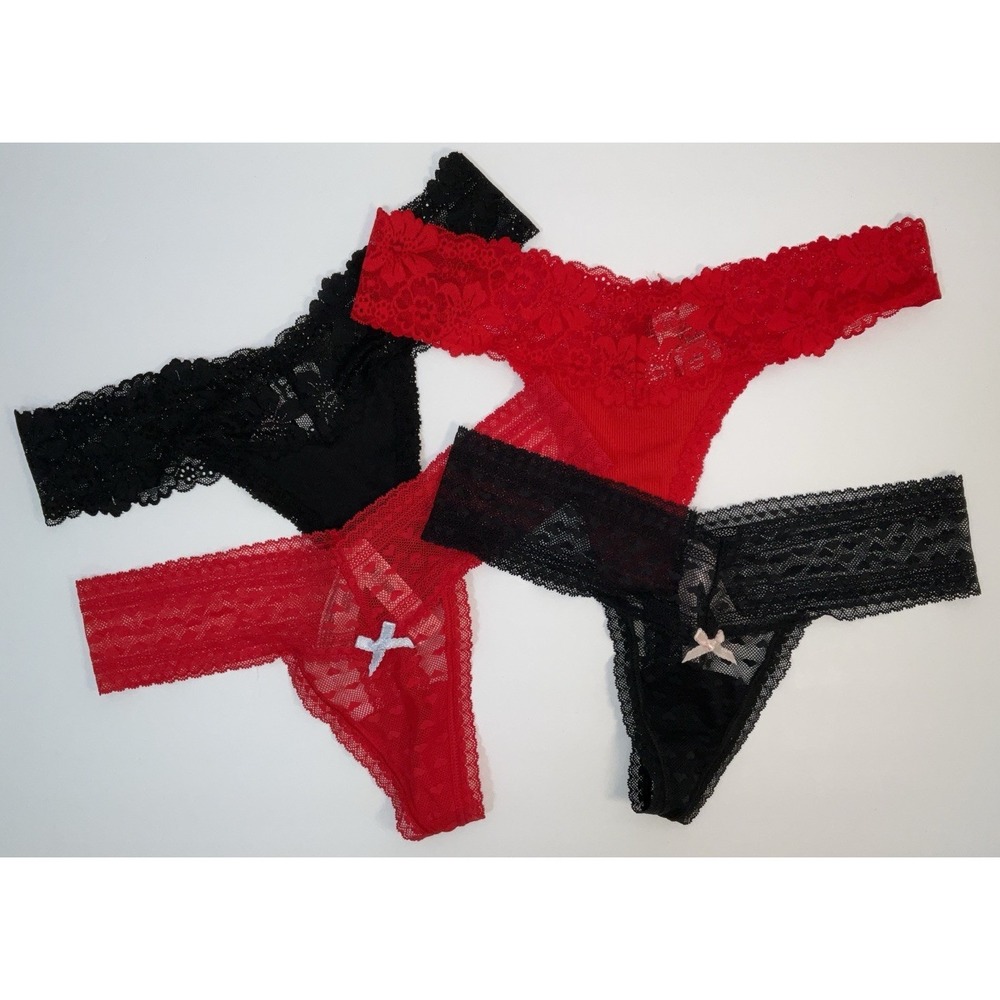 NWT Lot 4 Pairs PINK & Victoria's Secret Thong / String‎ Panties Red Black Small